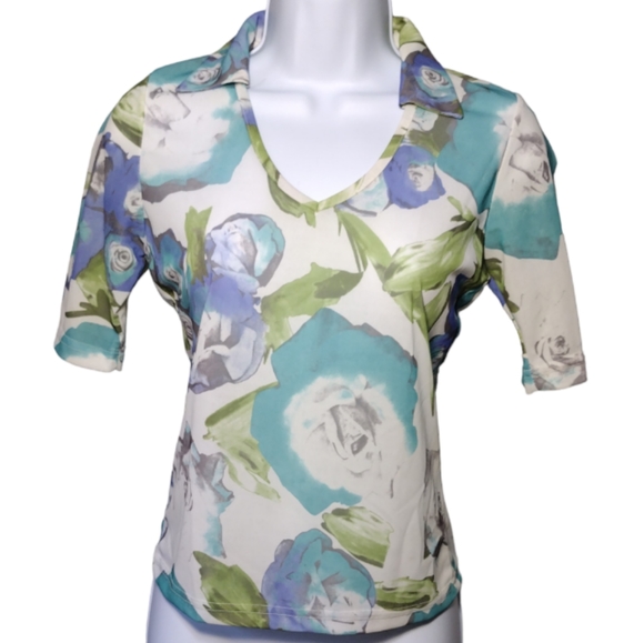 Vivienne Short Sleeve Blue Teal Green V Neck Collar Shirt - Picture 1 of 10